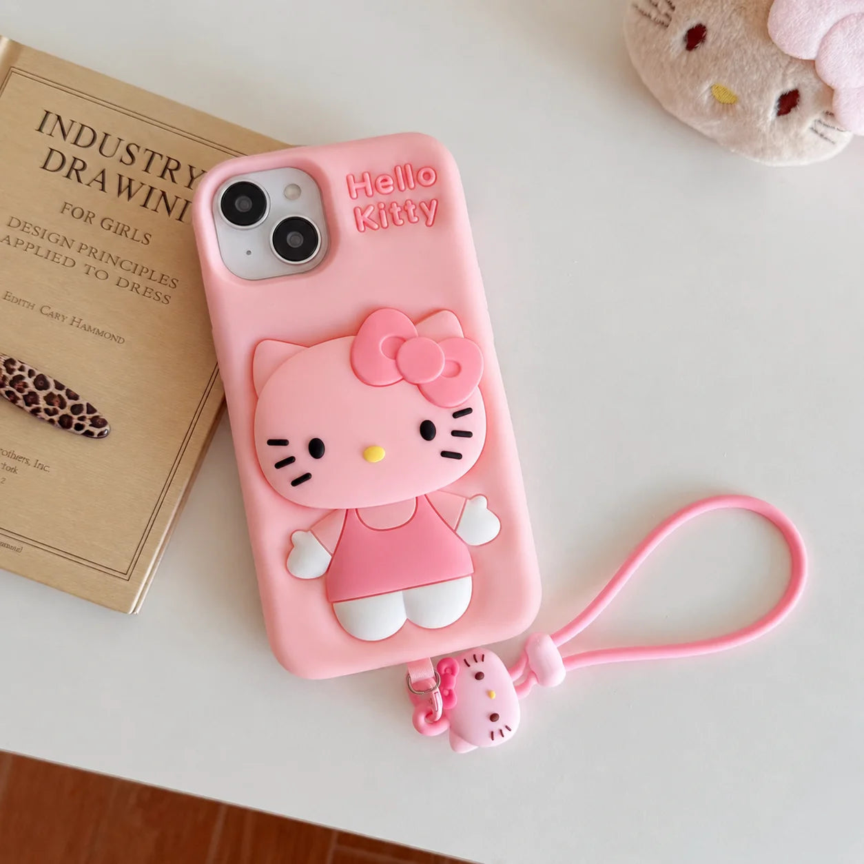 Cute Hello Kitty Phone Case For iPhone 12 13 14 15 16 17 Pro Max Plus with Retractable Head Bracket Soft Silicone 3D Back Cover