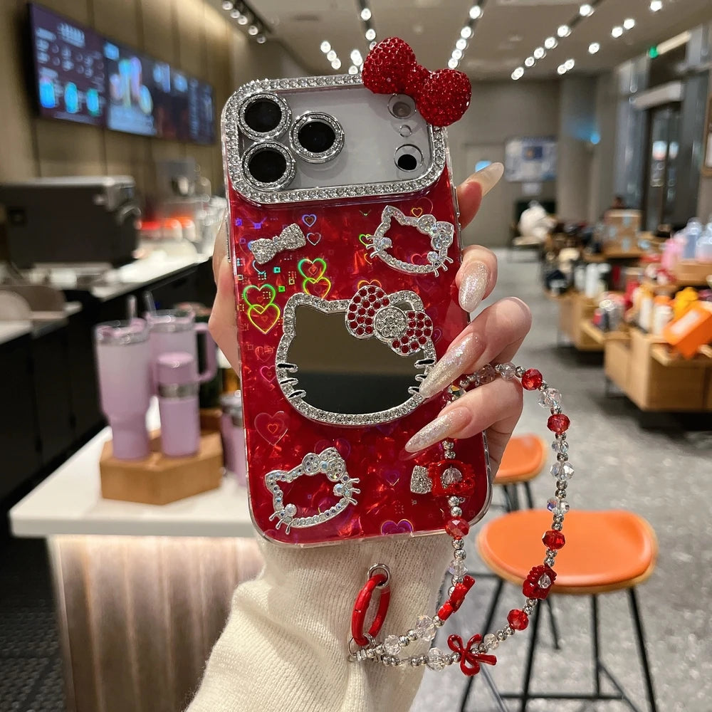 Sanrio Hello Kitty Bling Glitter Makeup Mirror Phone Case For iPhone 17 16 15 14 13 12 11 Pro Max 3D Cute Cartoon Hard Cover