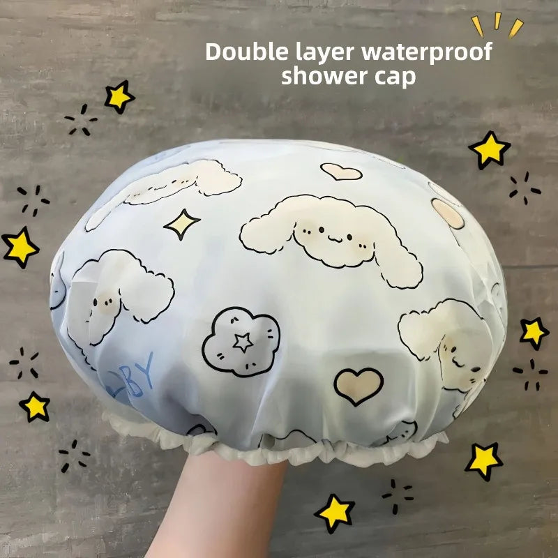 Hello Kitty Printed Double Layer Waterproof Shower Cap Cute Cartoon Reusable Shower Cap Women's Shampoo Travel Daily Use Gift