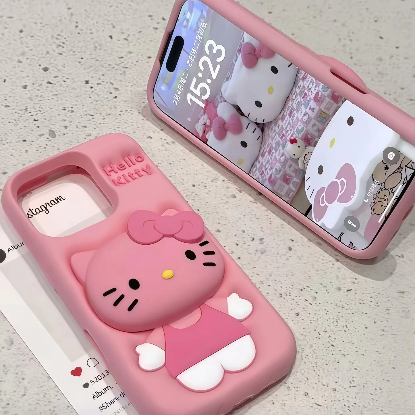 Cute Hello Kitty Phone Case For iPhone 12 13 14 15 16 17 Pro Max Plus with Retractable Head Bracket Soft Silicone 3D Back Cover