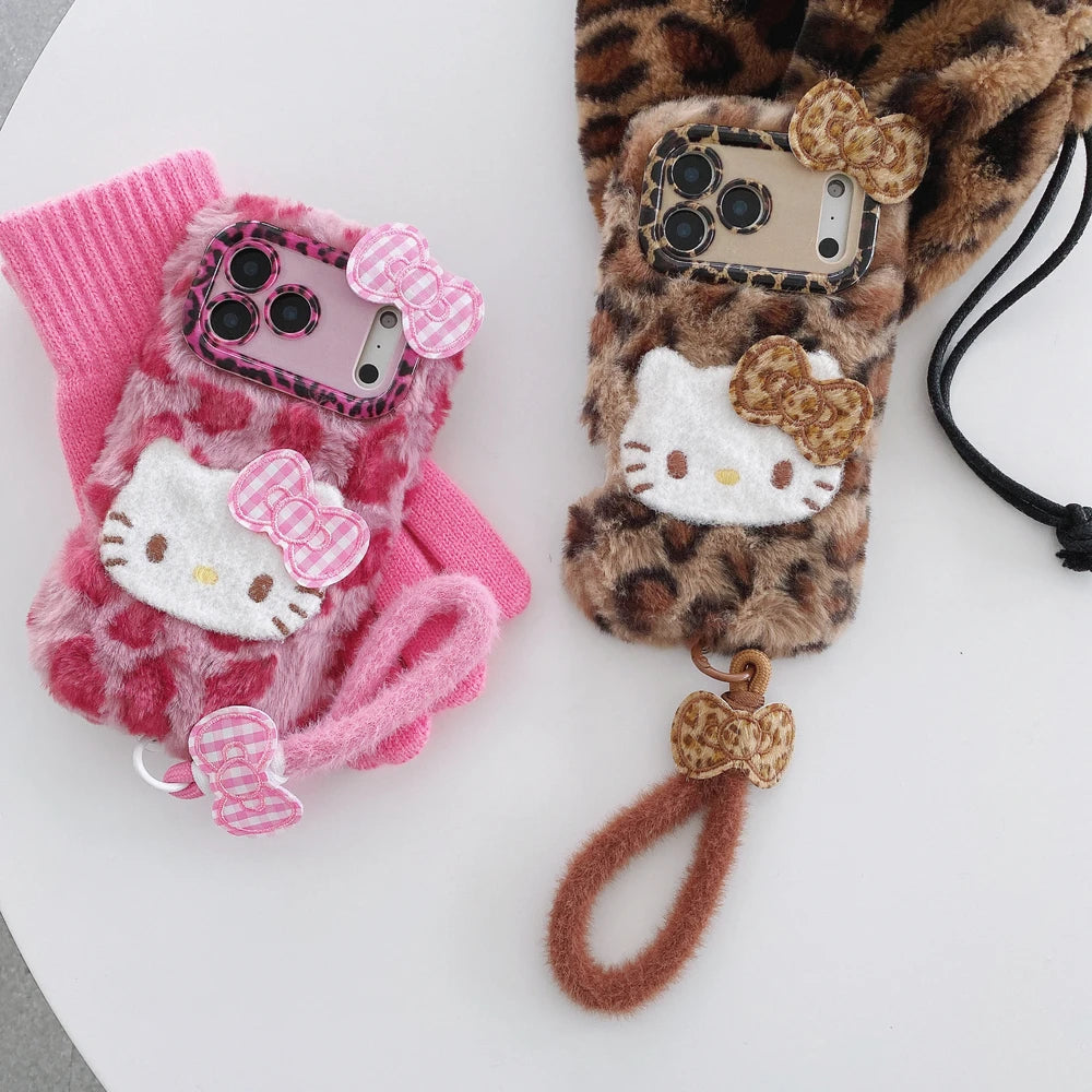 Cute Cartoon Sanrio Hello Kitty Leopard print Furry Warm Winter Plush Phone Case For iPhone 17 16 15 14 13 12 11 Pro Max Cover