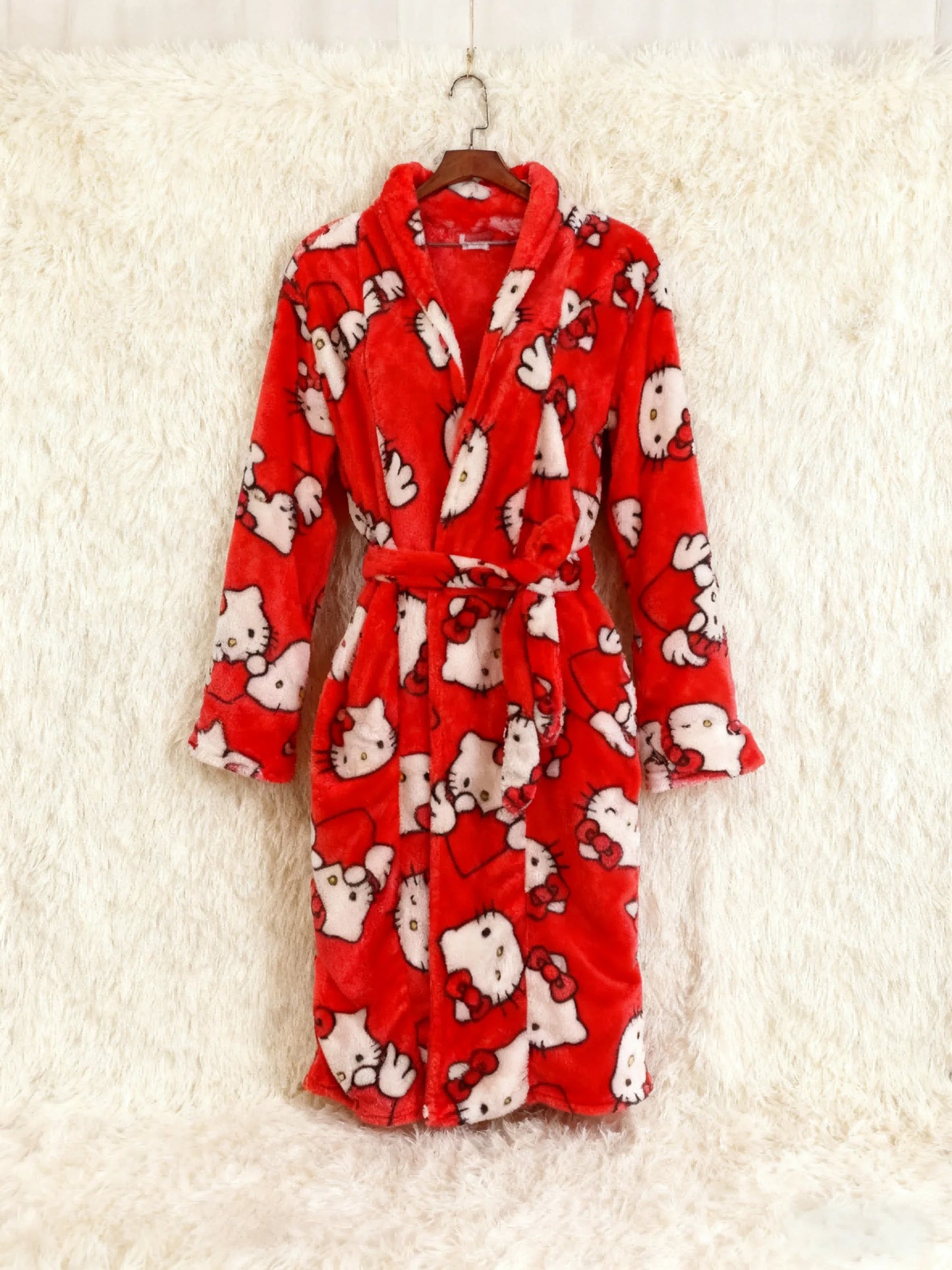 Hello Kitty flannel red bathrobe, cute cartoon anime Y2K, creative gift, best friend outfit, theme party outfit