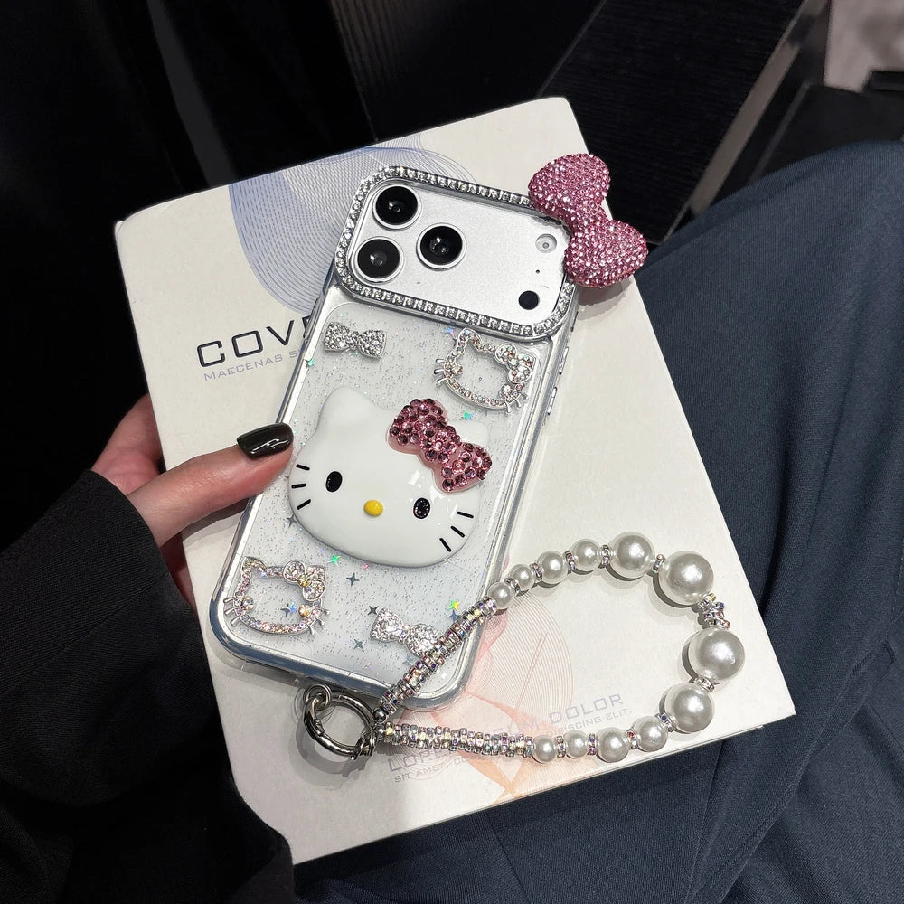 Cute Cartoon Sanrio Hello Kitty Bling Glitter Diamond Phone Case For iPhone 17 16 15 14 13 12 11 Pro Max Shockproof Hard Cover