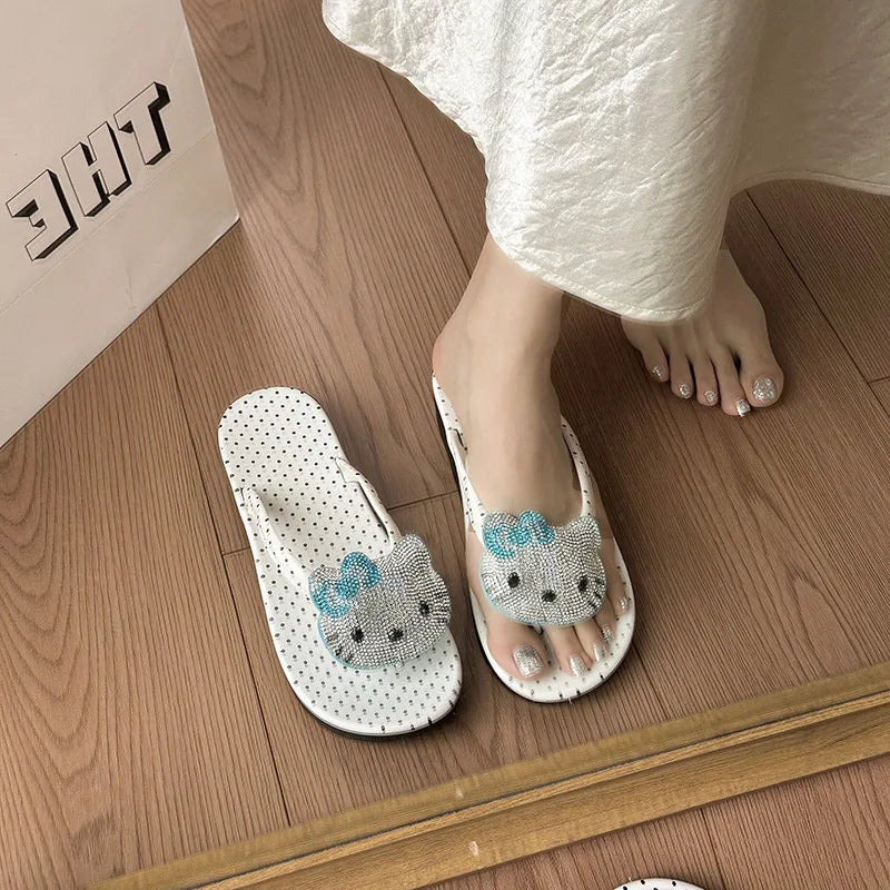 Cute Hello Kitty Wedge Flip Flops Women Girls Summer Slippers Dot Beach Sandals Sparkle Rhinestone Shoes Rubber Sole Comfort