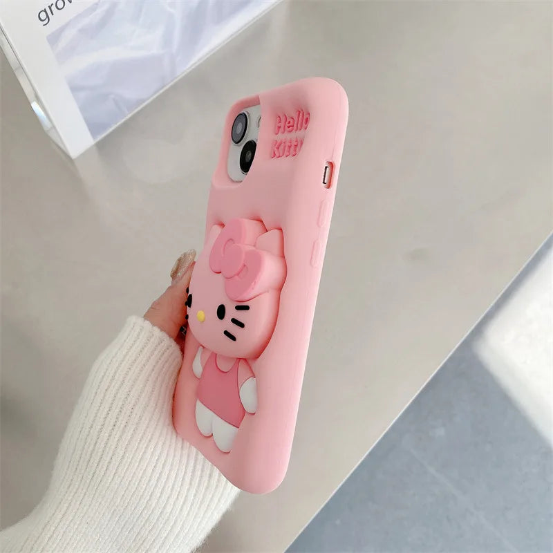 Cute Hello Kitty Phone Case For iPhone 12 13 14 15 16 17 Pro Max Plus with Retractable Head Bracket Soft Silicone 3D Back Cover