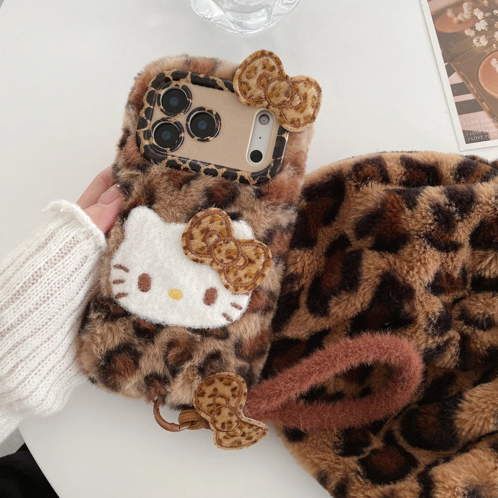 Cute Cartoon Sanrio Hello Kitty Leopard print Furry Warm Winter Plush Phone Case For iPhone 17 16 15 14 13 12 11 Pro Max Cover