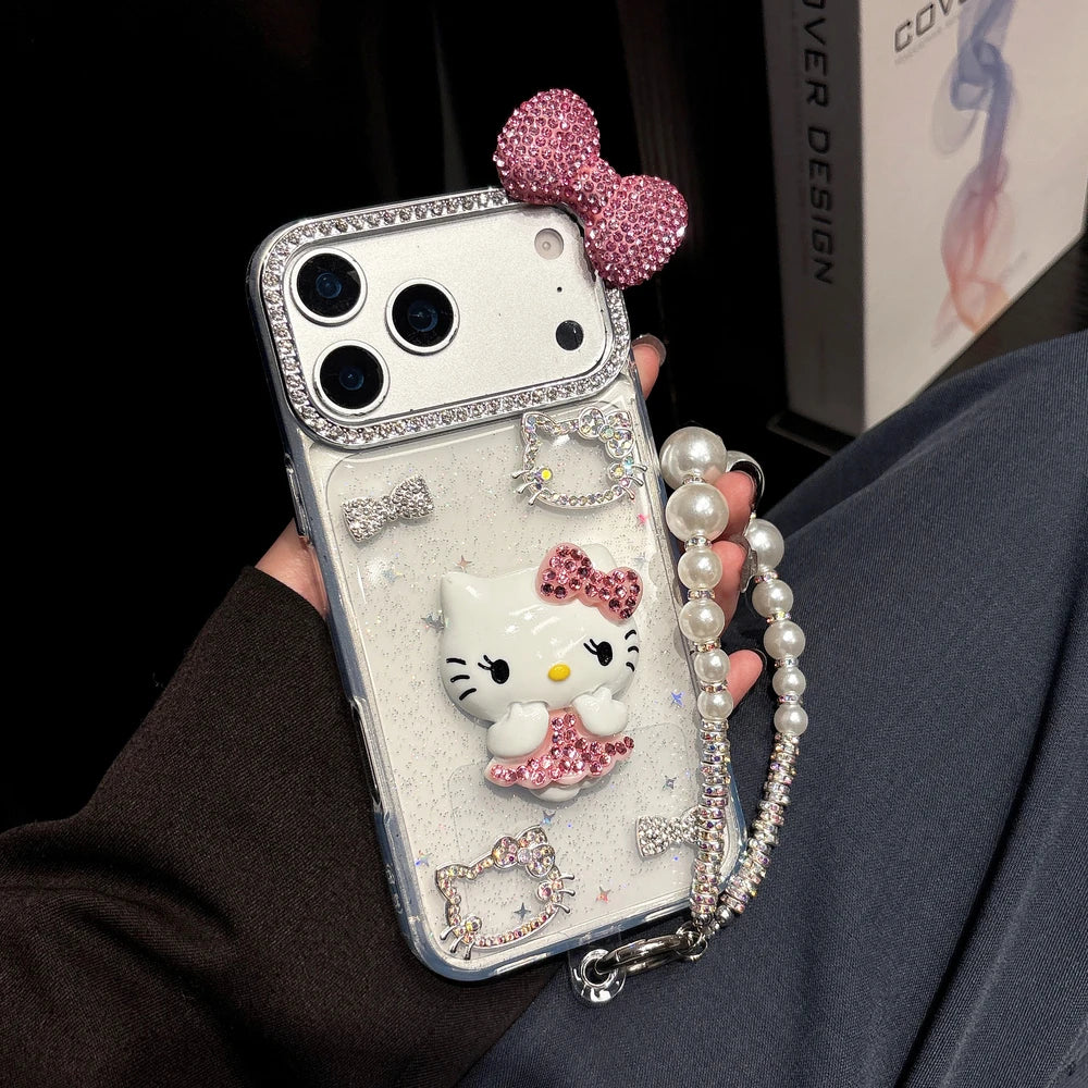 Cute Cartoon Sanrio Hello Kitty Bling Glitter Diamond Phone Case For iPhone 17 16 15 14 13 12 11 Pro Max Shockproof Hard Cover