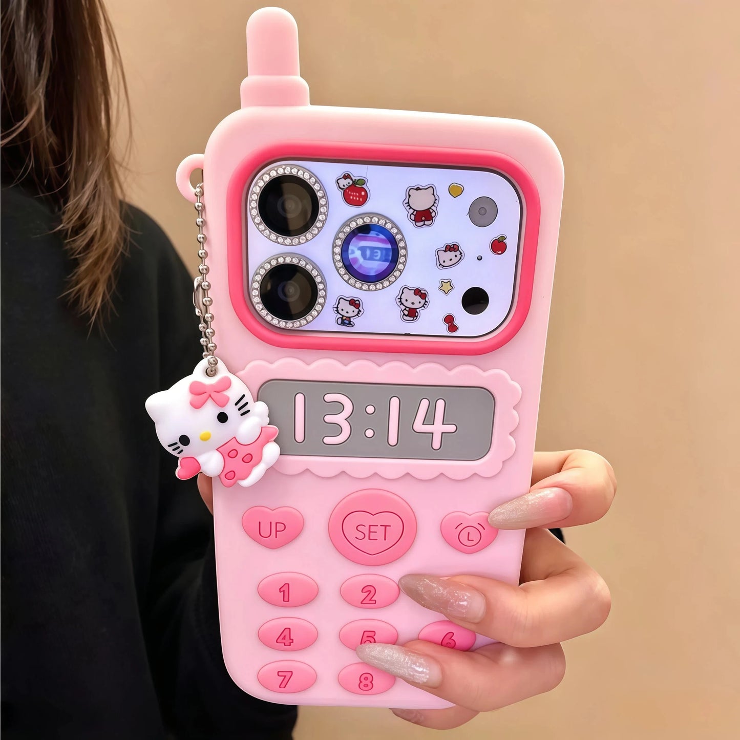 Cartoon Hello Kitty Pendant Telephone Phone Case For iPhone 17 16 15 14 13 12 Pro Max Plus 16 17E Shockproof Silicone Back Cover