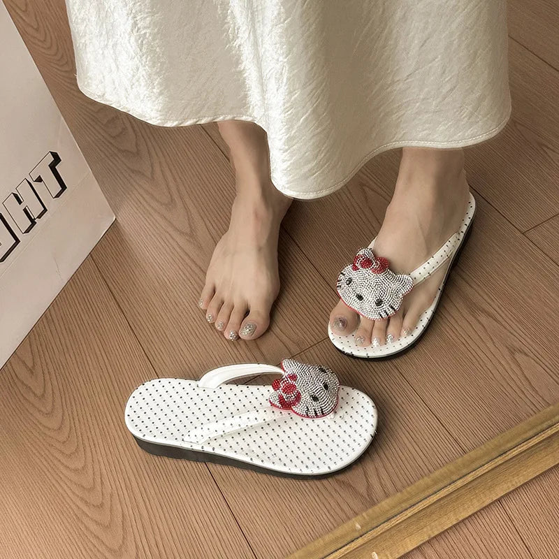 Cute Hello Kitty Wedge Flip Flops Women Girls Summer Slippers Dot Beach Sandals Sparkle Rhinestone Shoes Rubber Sole Comfort