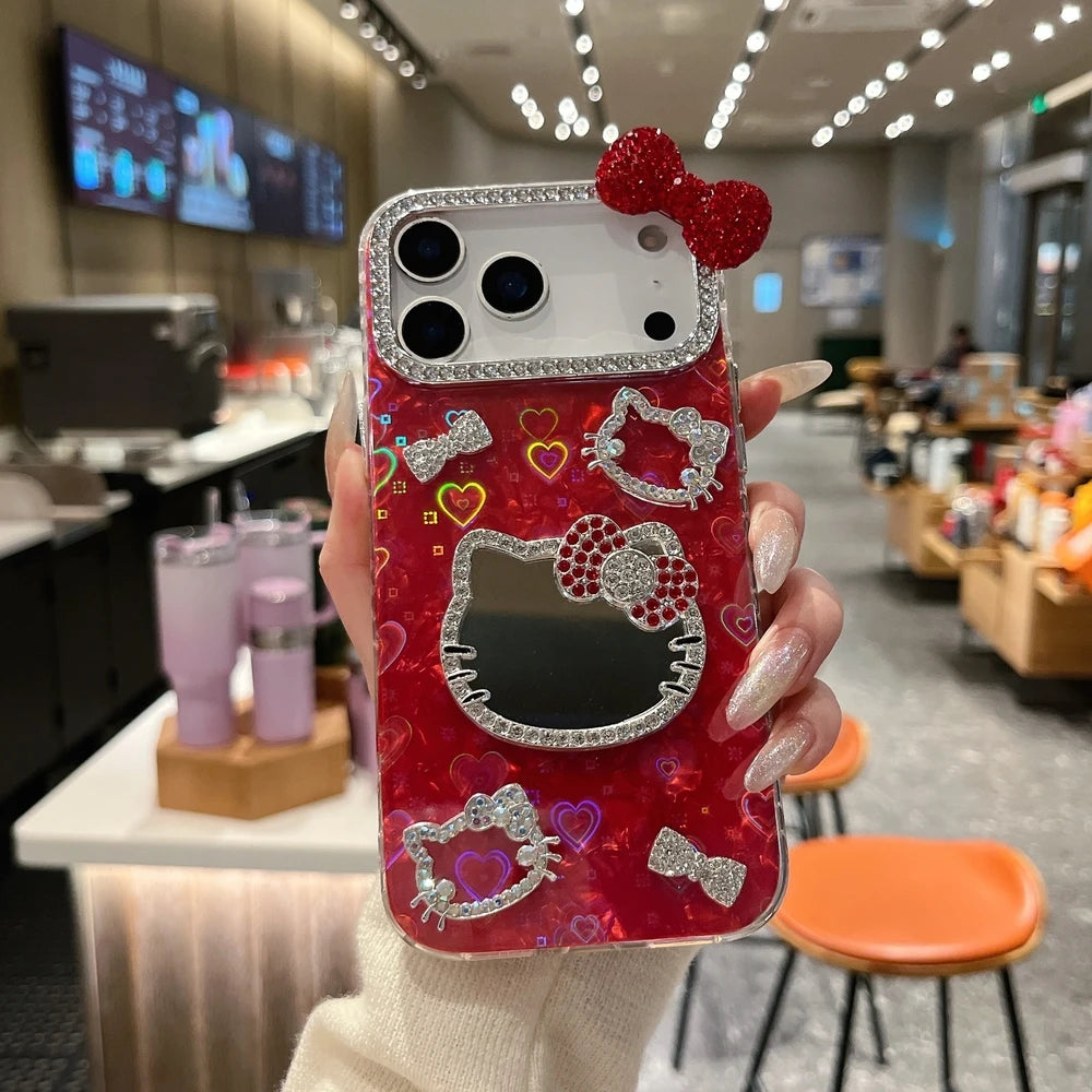 Sanrio Hello Kitty Bling Glitter Makeup Mirror Phone Case For iPhone 17 16 15 14 13 12 11 Pro Max 3D Cute Cartoon Hard Cover