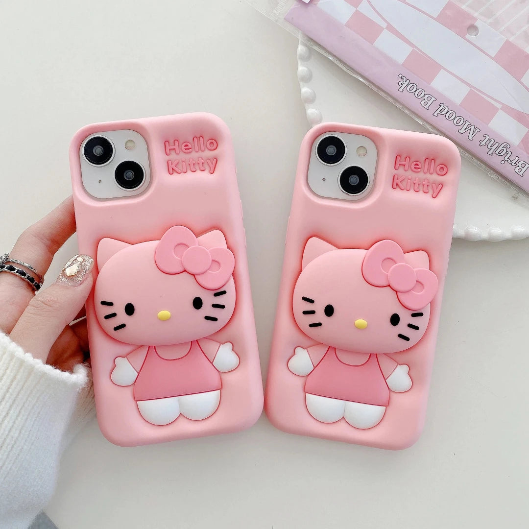 Cute Hello Kitty Phone Case For iPhone 12 13 14 15 16 17 Pro Max Plus with Retractable Head Bracket Soft Silicone 3D Back Cover
