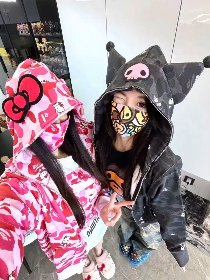 In  Stock  Anime Hello Kittys Hooded Jacket Girl Commuting Coat Jacket Kuromi Anime 3d Ears Hooded Cute Leopard Print Clothes