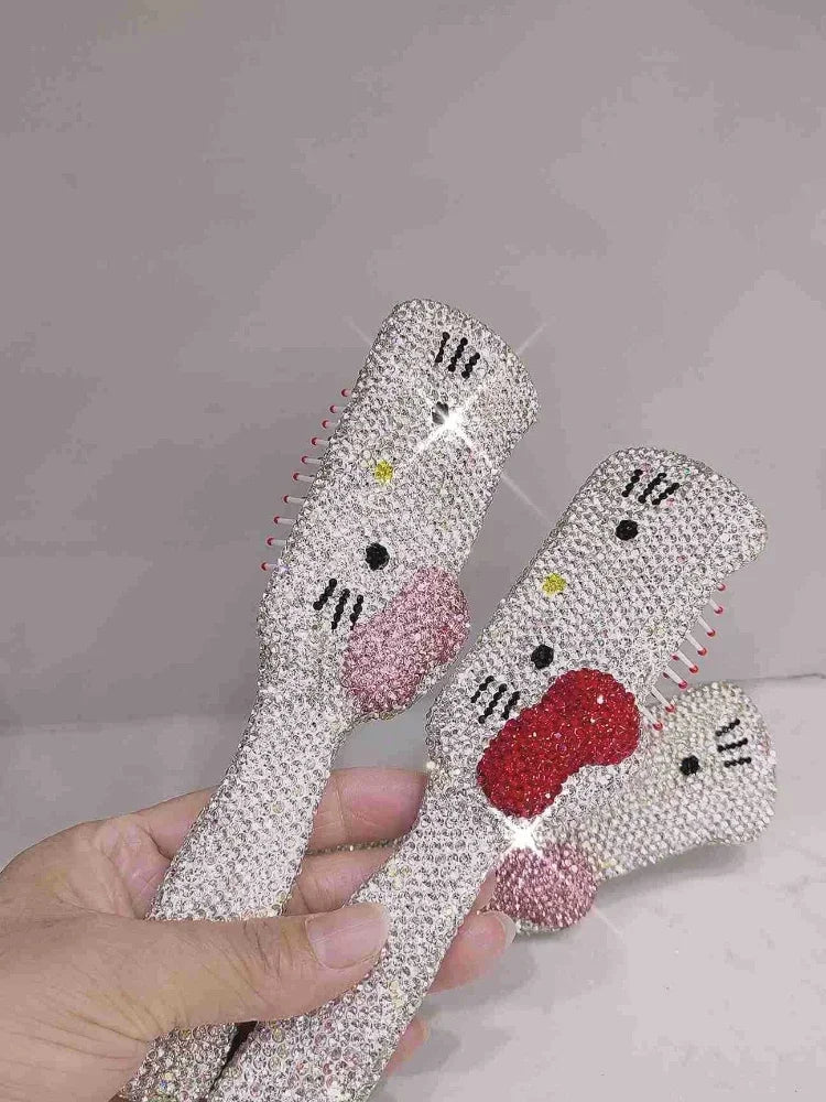 kawaii Hello Kitty Comb Handmake Full Diamonds Anime Massage Comb Curly Hair Straight Cute Makeup Diamond-Embedded for girls