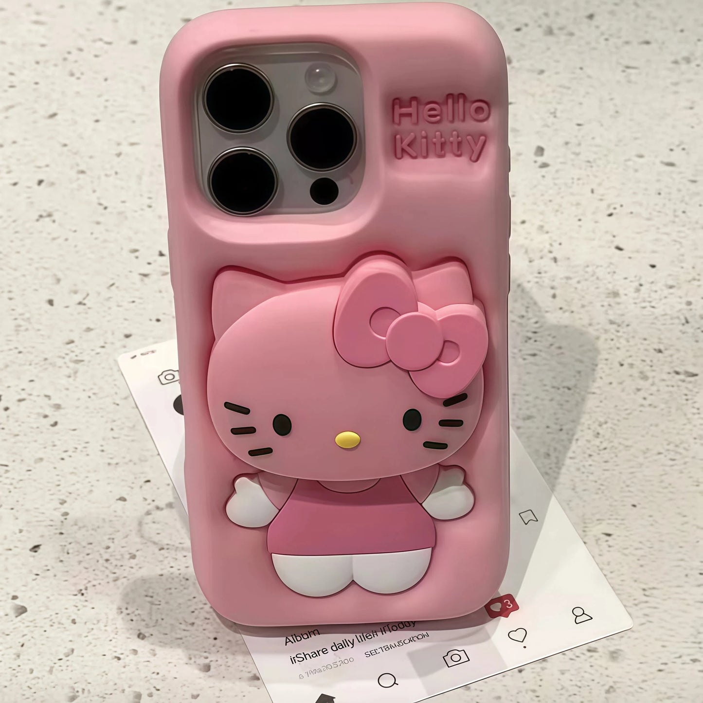 Cute Hello Kitty Phone Case For iPhone 12 13 14 15 16 17 Pro Max Plus with Retractable Head Bracket Soft Silicone 3D Back Cover