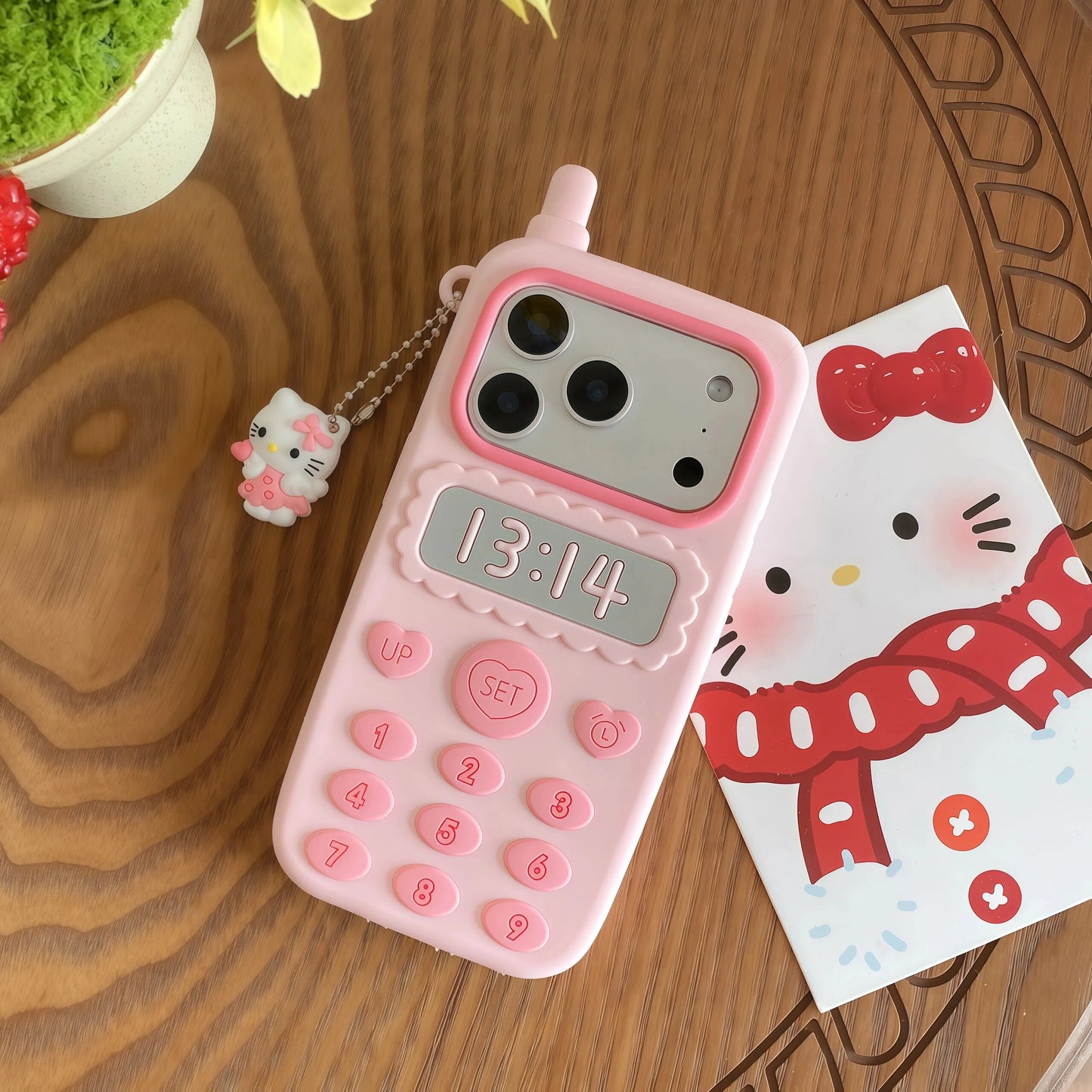 Cartoon Hello Kitty Pendant Telephone Phone Case For iPhone 17 16 15 14 13 12 Pro Max Plus 16 17E Shockproof Silicone Back Cover