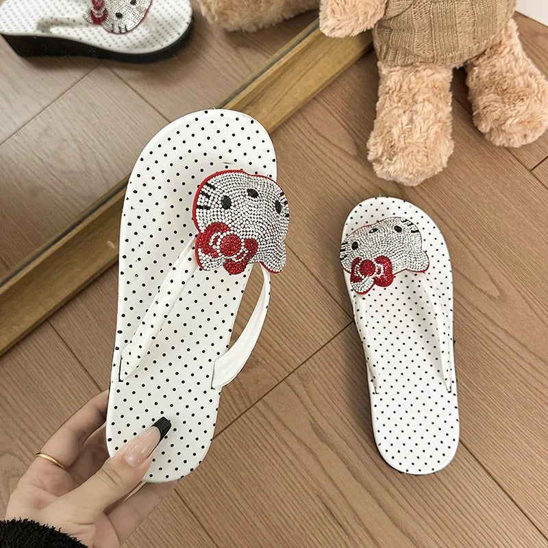 Cute Hello Kitty Wedge Flip Flops Women Girls Summer Slippers Dot Beach Sandals Sparkle Rhinestone Shoes Rubber Sole Comfort