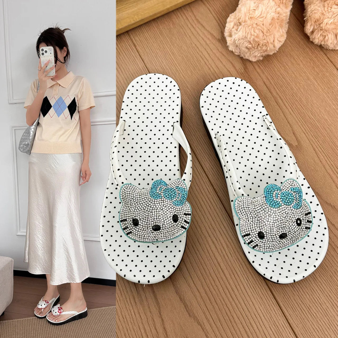 Cute Hello Kitty Wedge Flip Flops Women Girls Summer Slippers Dot Beach Sandals Sparkle Rhinestone Shoes Rubber Sole Comfort
