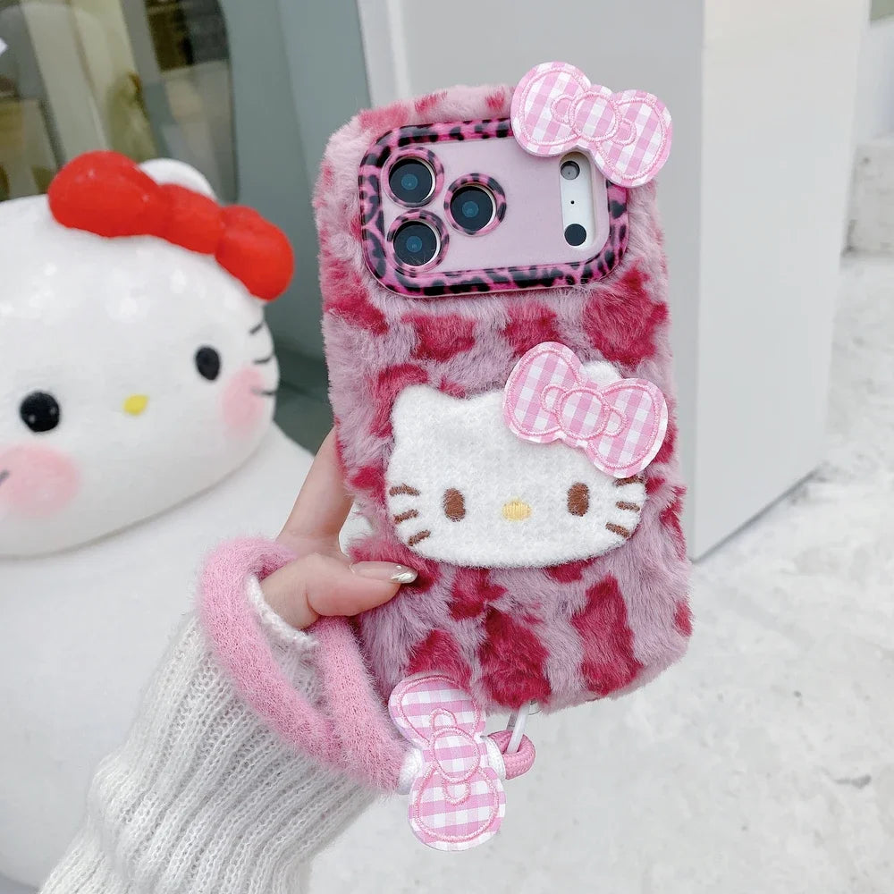 Cute Cartoon Sanrio Hello Kitty Leopard print Furry Warm Winter Plush Phone Case For iPhone 17 16 15 14 13 12 11 Pro Max Cover
