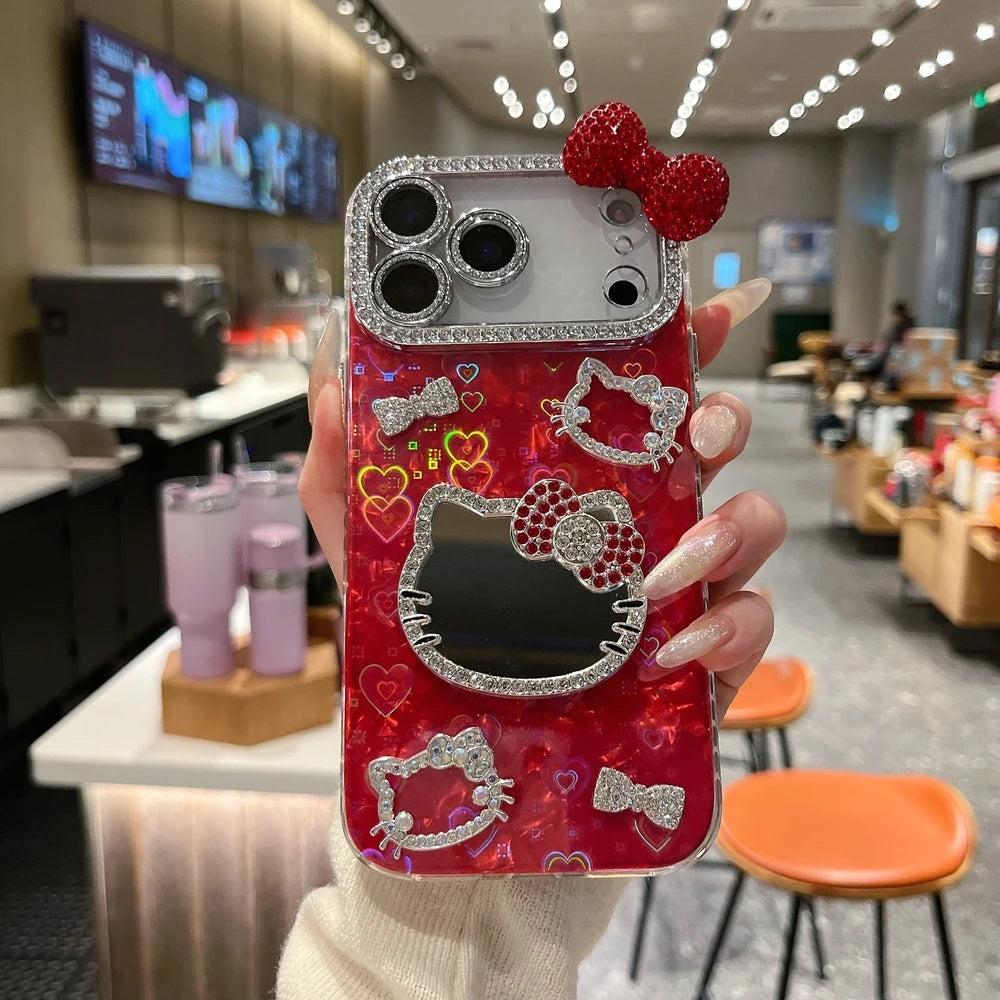 Sanrio Hello Kitty Bling Glitter Makeup Mirror Phone Case For iPhone 17 16 15 14 13 12 11 Pro Max 3D Cute Cartoon Hard Cover