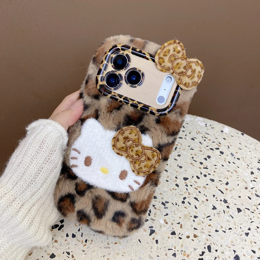 Cute Cartoon Sanrio Hello Kitty Leopard print Furry Warm Winter Plush Phone Case For iPhone 17 16 15 14 13 12 11 Pro Max Cover