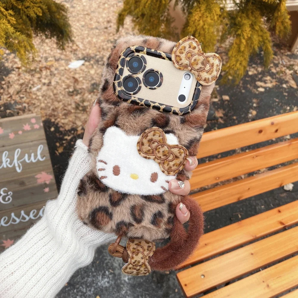 Cute Cartoon Sanrio Hello Kitty Leopard print Furry Warm Winter Plush Phone Case For iPhone 17 16 15 14 13 12 11 Pro Max Cover