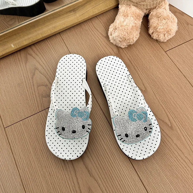 Cute Hello Kitty Wedge Flip Flops Women Girls Summer Slippers Dot Beach Sandals Sparkle Rhinestone Shoes Rubber Sole Comfort