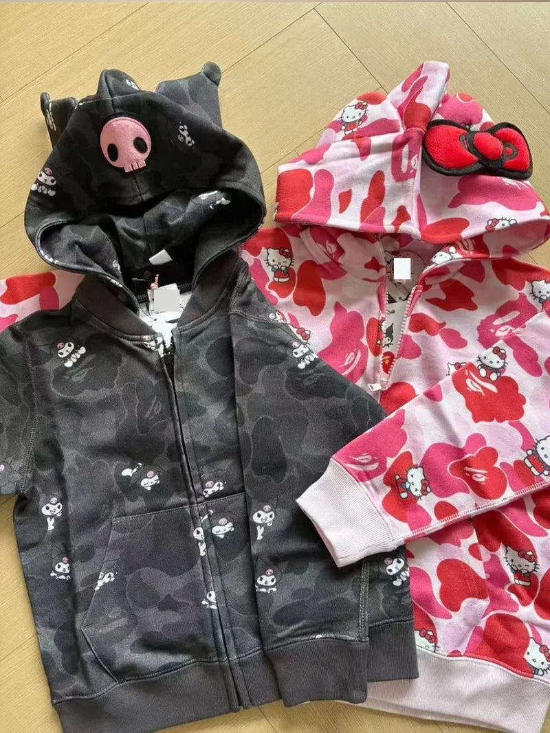 In  Stock  Anime Hello Kittys Hooded Jacket Girl Commuting Coat Jacket Kuromi Anime 3d Ears Hooded Cute Leopard Print Clothes