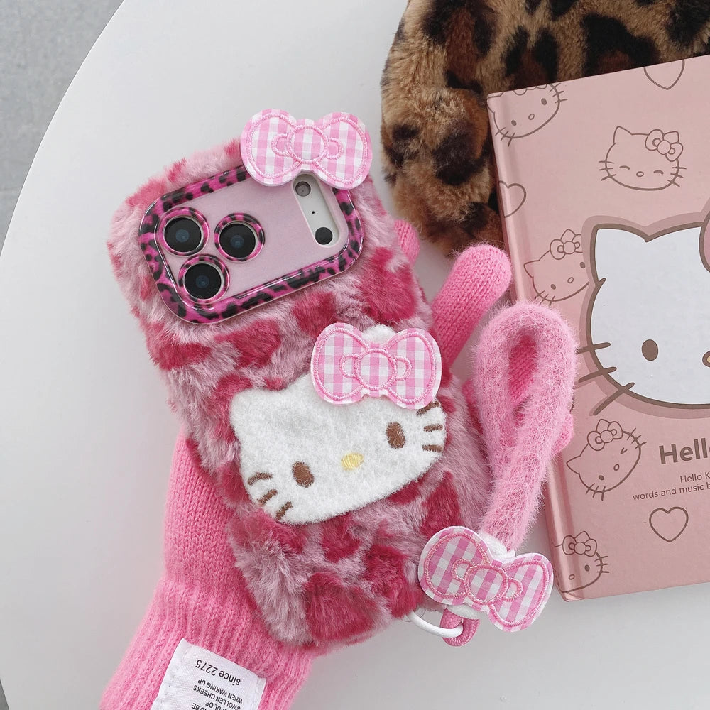 Cute Cartoon Sanrio Hello Kitty Leopard print Furry Warm Winter Plush Phone Case For iPhone 17 16 15 14 13 12 11 Pro Max Cover