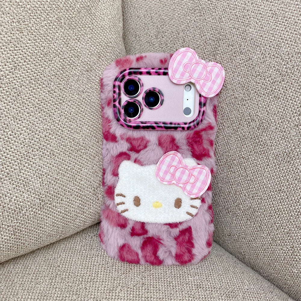 Cute Cartoon Sanrio Hello Kitty Leopard print Furry Warm Winter Plush Phone Case For iPhone 17 16 15 14 13 12 11 Pro Max Cover
