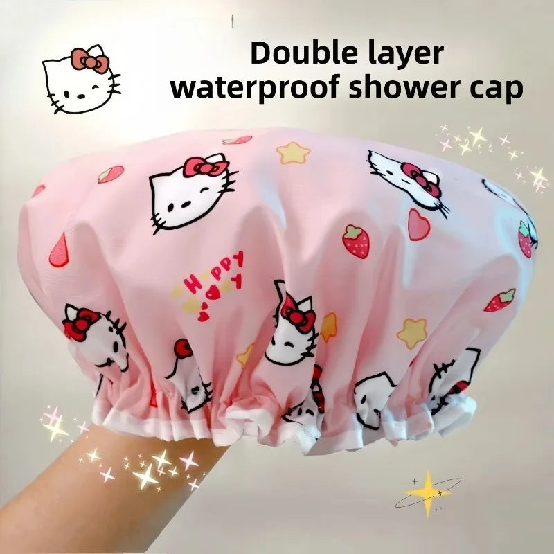 Hello Kitty Printed Double Layer Waterproof Shower Cap Cute Cartoon Reusable Shower Cap Women's Shampoo Travel Daily Use Gift