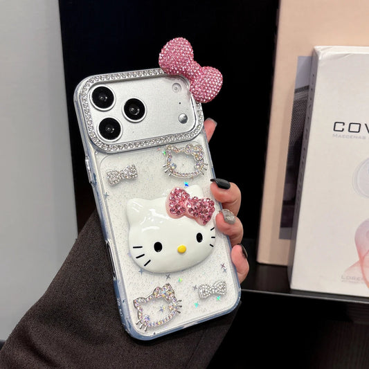 Cute Cartoon Sanrio Hello Kitty Bling Glitter Diamond Phone Case For iPhone 17 16 15 14 13 12 11 Pro Max Shockproof Hard Cover