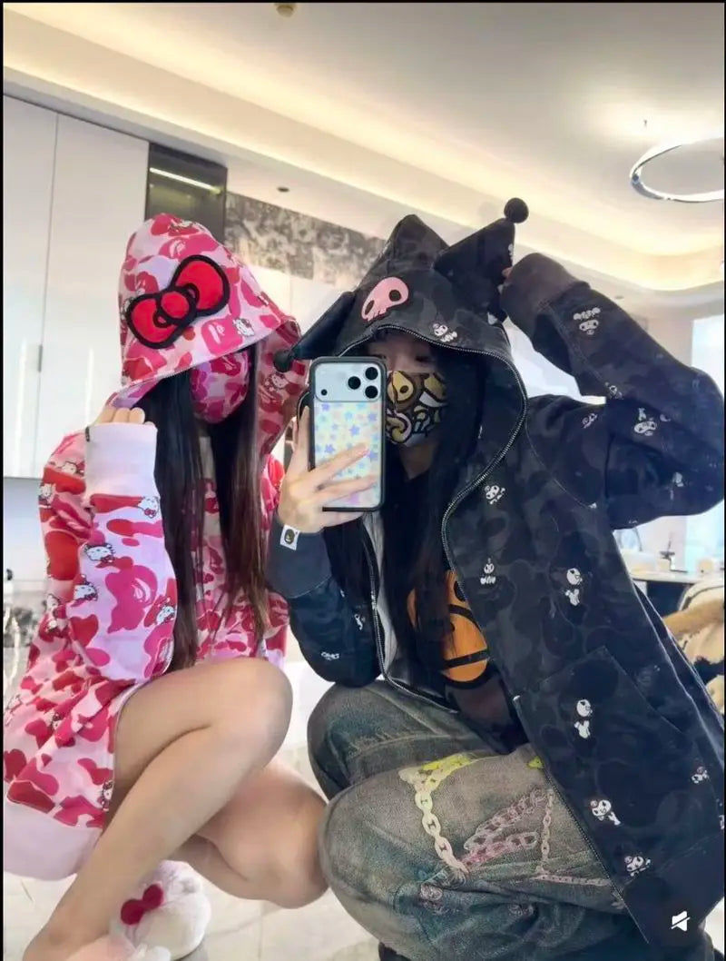 In  Stock  Anime Hello Kittys Hooded Jacket Girl Commuting Coat Jacket Kuromi Anime 3d Ears Hooded Cute Leopard Print Clothes