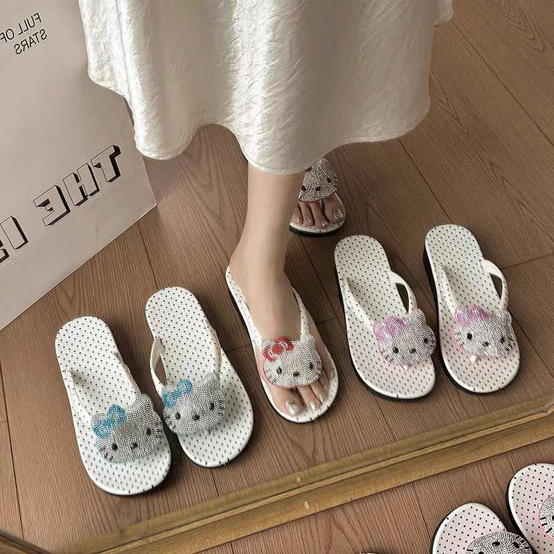 Cute Hello Kitty Wedge Flip Flops Women Girls Summer Slippers Dot Beach Sandals Sparkle Rhinestone Shoes Rubber Sole Comfort