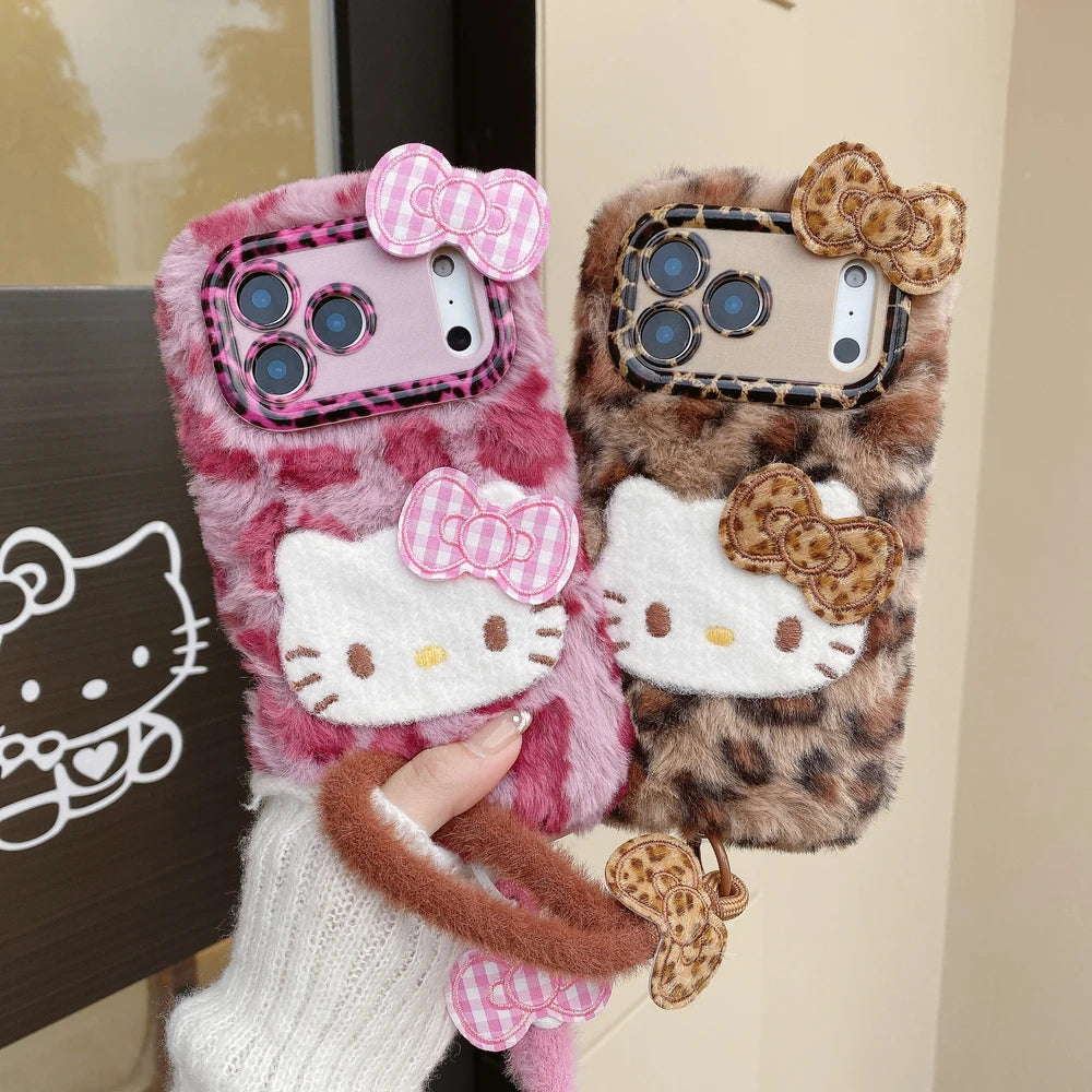 Cute Cartoon Sanrio Hello Kitty Leopard print Furry Warm Winter Plush Phone Case For iPhone 17 16 15 14 13 12 11 Pro Max Cover