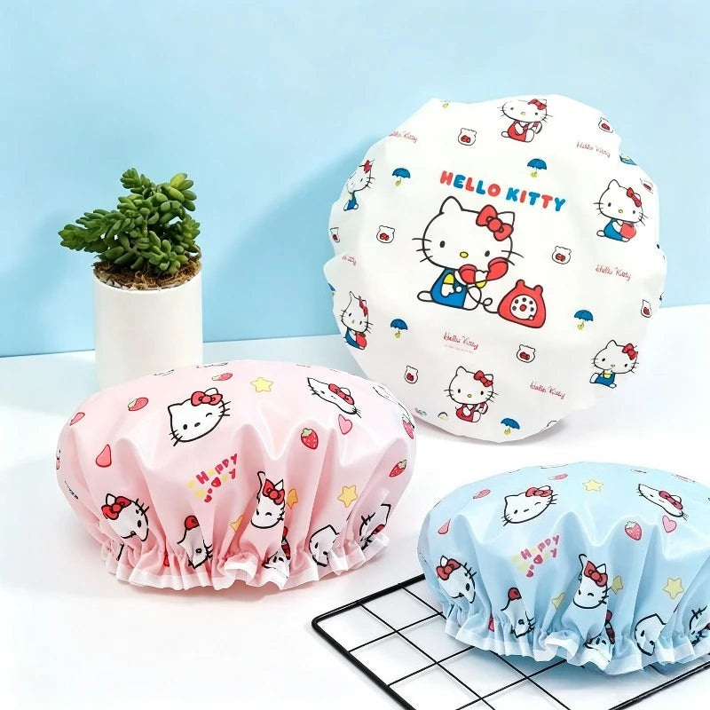 Hello Kitty Printed Double Layer Waterproof Shower Cap Cute Cartoon Reusable Shower Cap Women's Shampoo Travel Daily Use Gift
