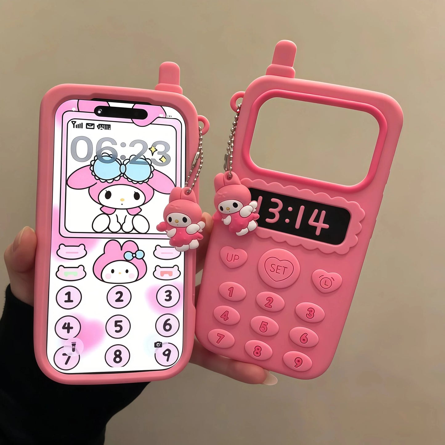 Cartoon Hello Kitty Pendant Telephone Phone Case For iPhone 17 16 15 14 13 12 Pro Max Plus 16 17E Shockproof Silicone Back Cover