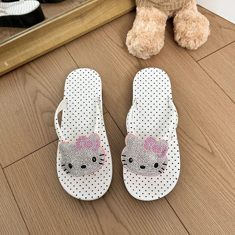 Cute Hello Kitty Wedge Flip Flops Women Girls Summer Slippers Dot Beach Sandals Sparkle Rhinestone Shoes Rubber Sole Comfort