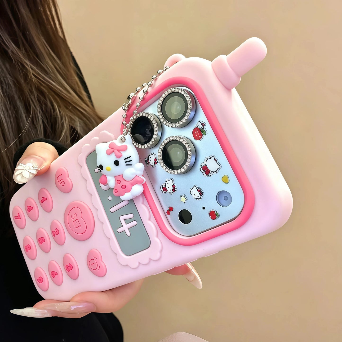 Cartoon Hello Kitty Pendant Telephone Phone Case For iPhone 17 16 15 14 13 12 Pro Max Plus 16 17E Shockproof Silicone Back Cover