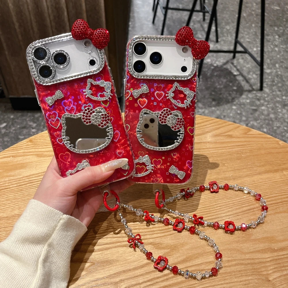 Sanrio Hello Kitty Bling Glitter Makeup Mirror Phone Case For iPhone 17 16 15 14 13 12 11 Pro Max 3D Cute Cartoon Hard Cover