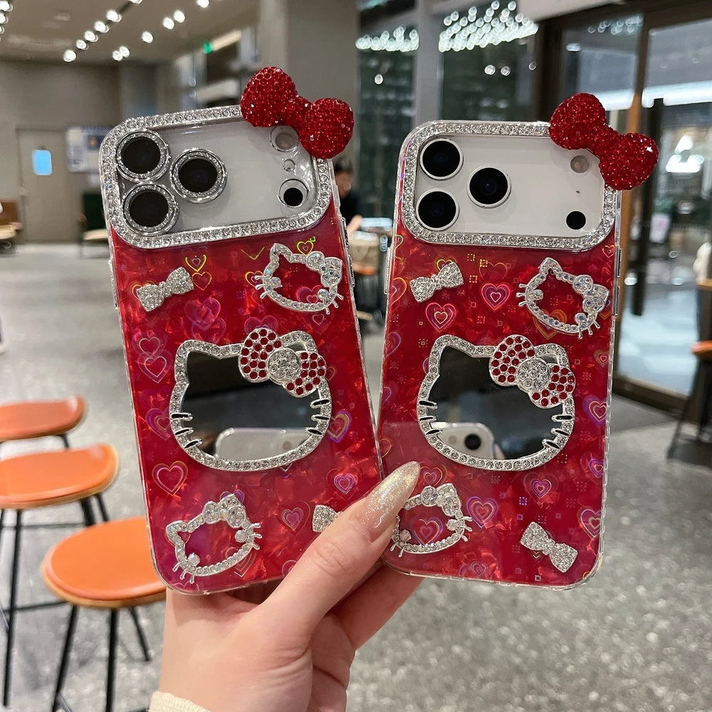 Sanrio Hello Kitty Bling Glitter Makeup Mirror Phone Case For iPhone 17 16 15 14 13 12 11 Pro Max 3D Cute Cartoon Hard Cover